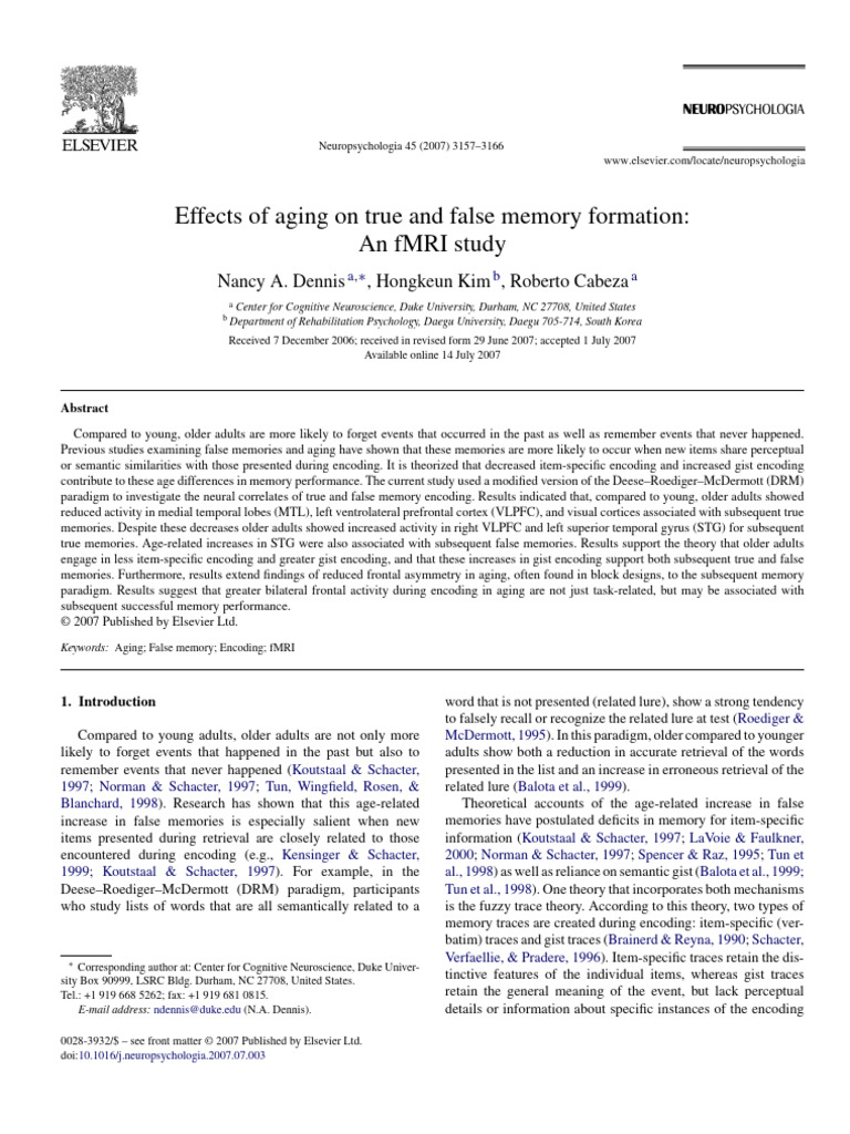 Effects of Aging On True and False Memory Formation: An fMRI Study ...