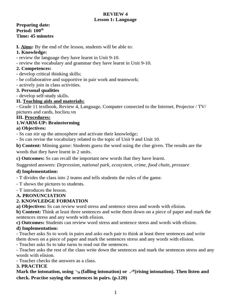E11 Lesson Plan Review 4 | PDF | Phrase | Question