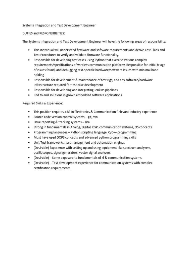 Systems Intergration and Test Development Engineer | PDF