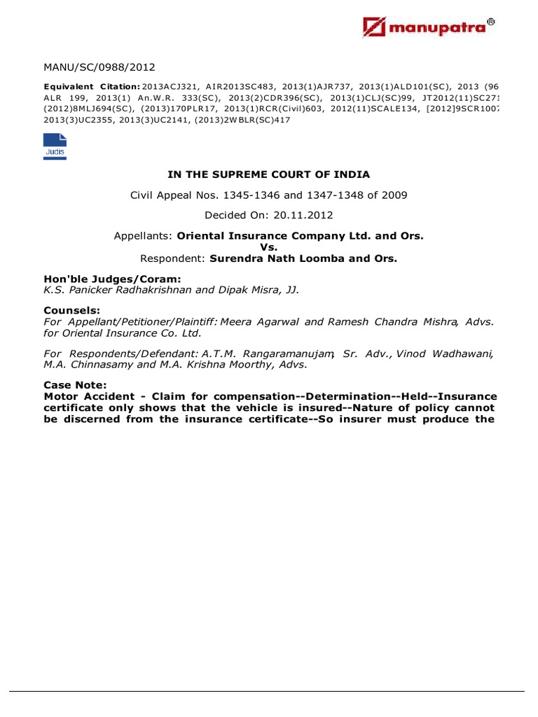 Oriental Insurance Company LTD and Ors Vs Surendras120818COM750184 ...