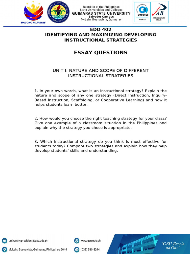 Essay Questions For Edd 402 - Unit 1 - Different Instructional ...