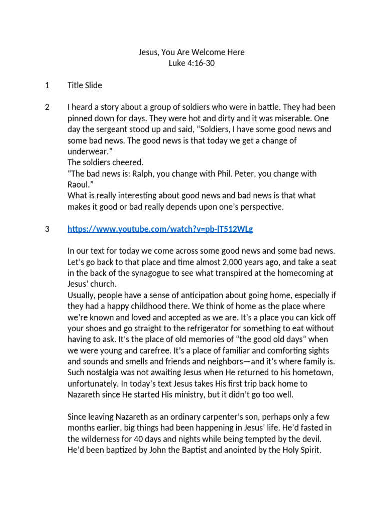 Luke 4 Script Jesus You Are Welcome Here | PDF | Jesus | Religious ...