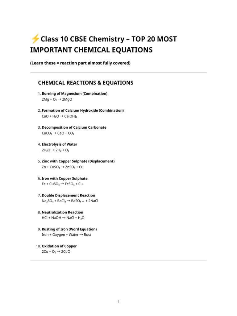 Class 10 Chemistry - Top 20 Most Important Chemical Equations | PDF