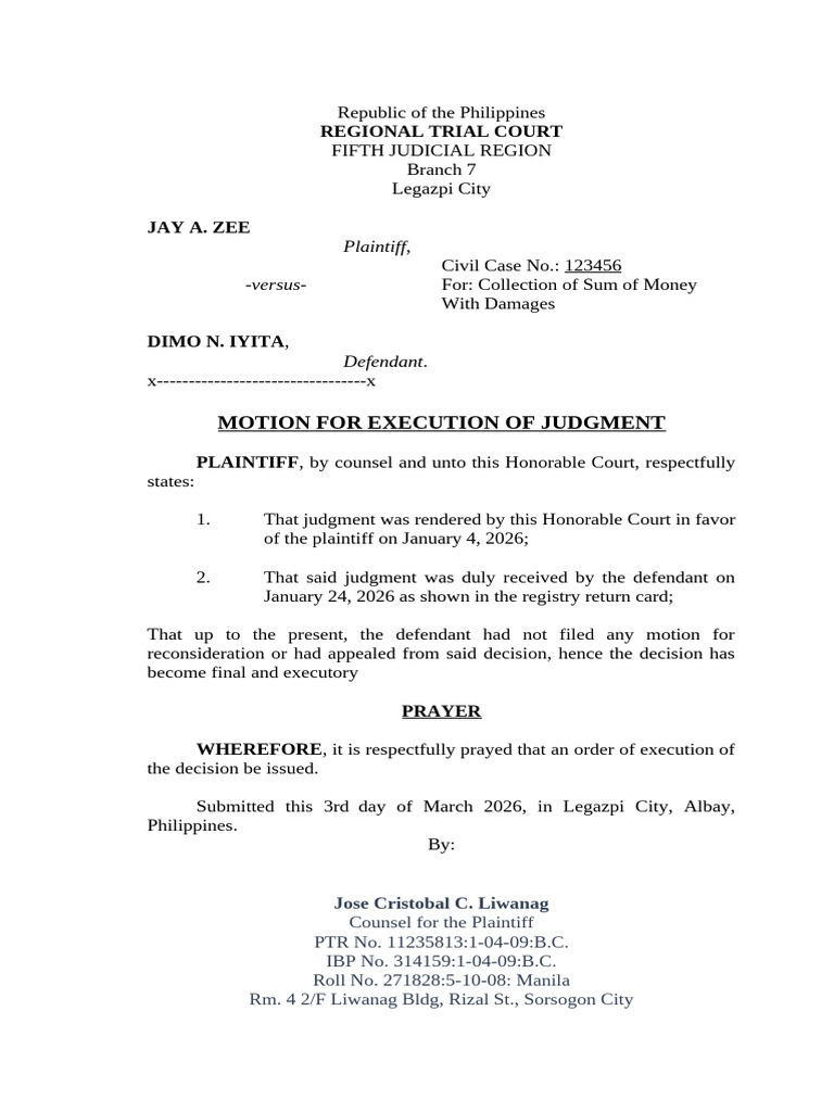Motion For Execution of Judgment | PDF
