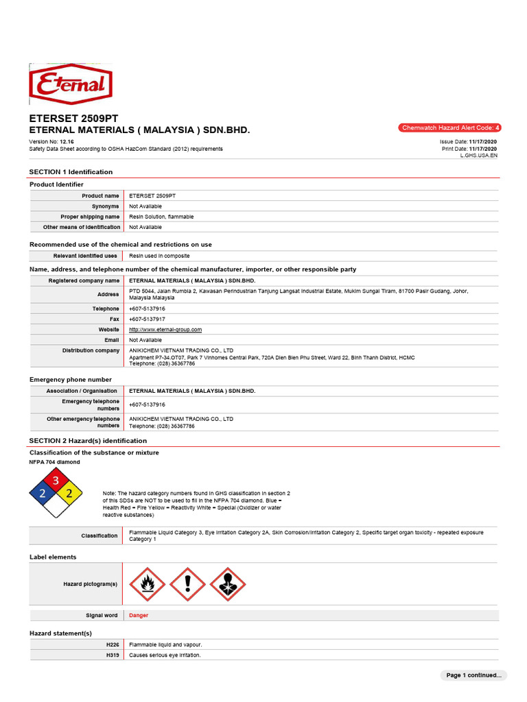 Eterset 2509pt Sds-En | PDF | Chemical Reactions | Firefighting