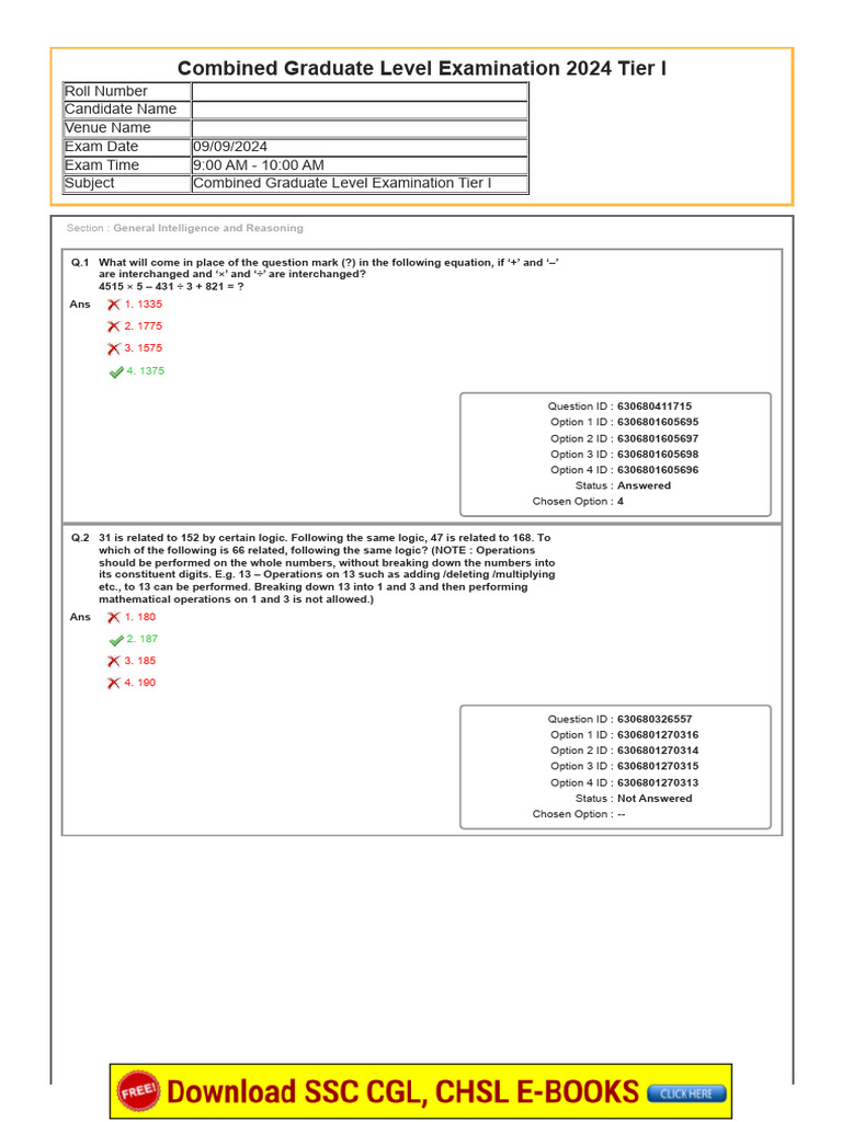 SSC CGL Tier 1 Paper | PDF