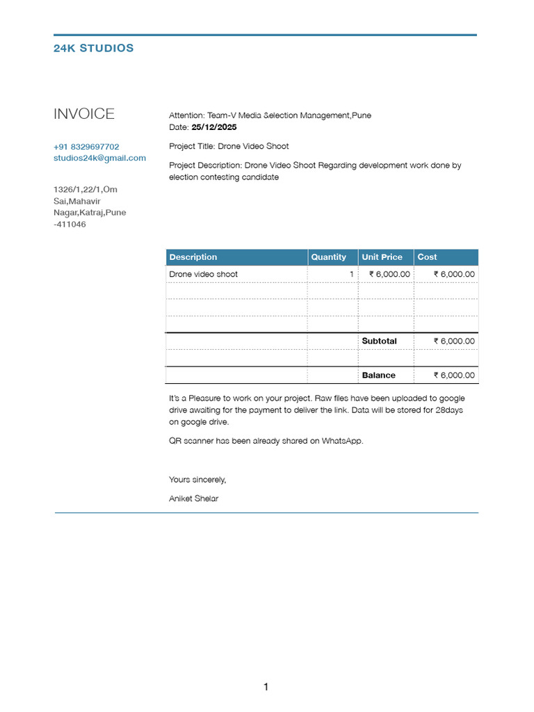 Team V Invoice 25th December 2025 | PDF