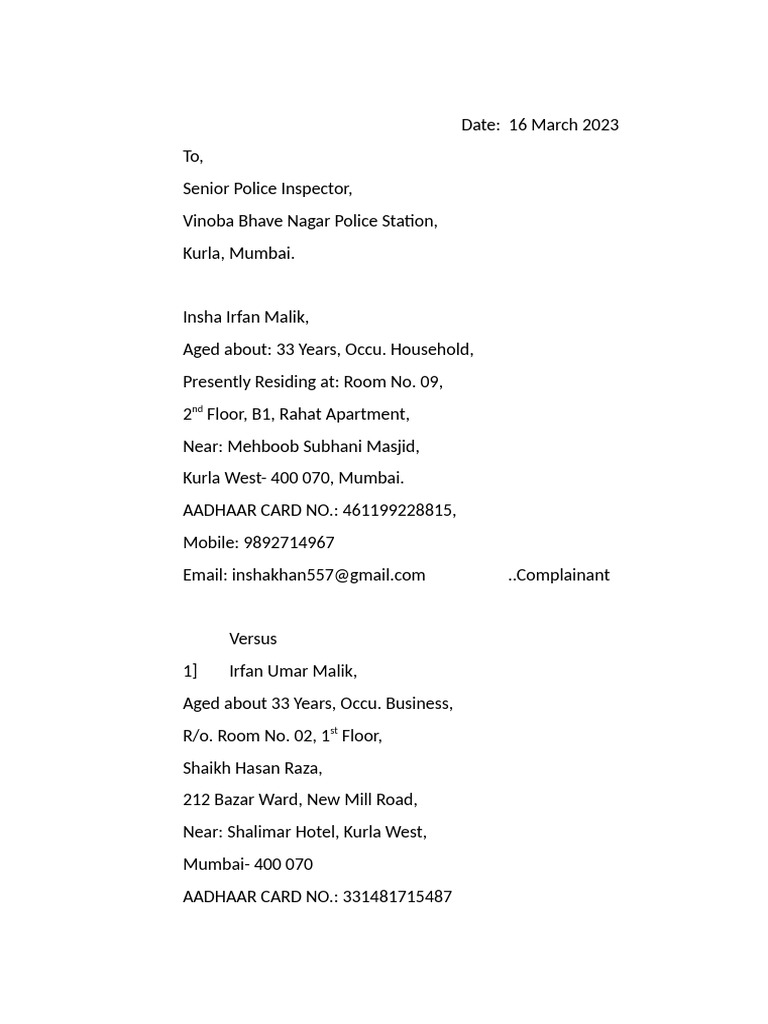 Insha 498-A Complaint | PDF | Social Institutions