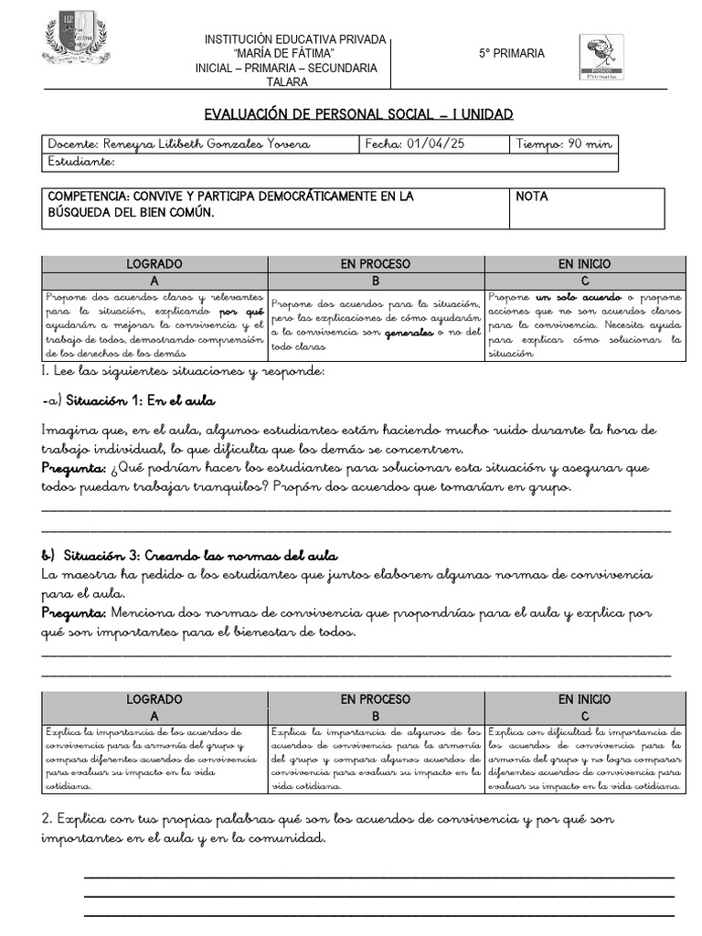 Personal Social Examen de Unidad 1 Zoe, Ricardo, Gianella, Andrea | PDF