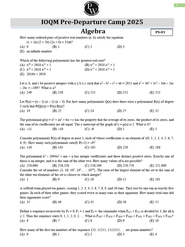 Algebra Practice Sheet 01 (Only PDF | PDF | Polynomial | Numbers