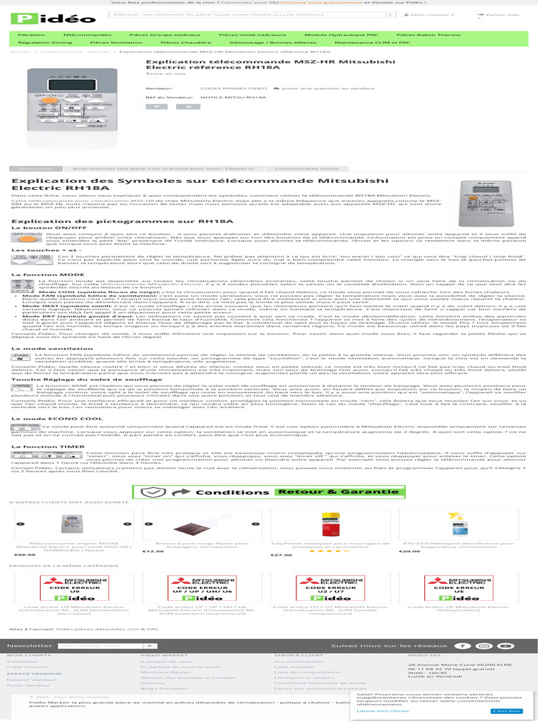 Codes Erreurs - Notices Explication Télécommande MSZ-HR Mitsubishi ...