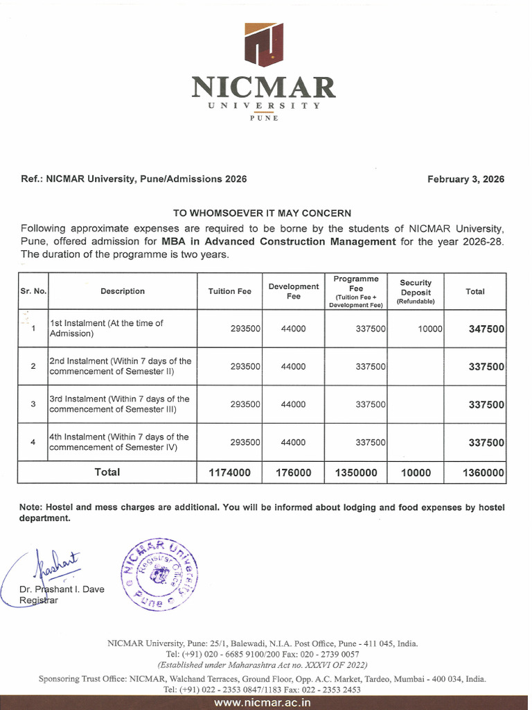 Fees Structure Acm Normal Admissions 2026 | PDF