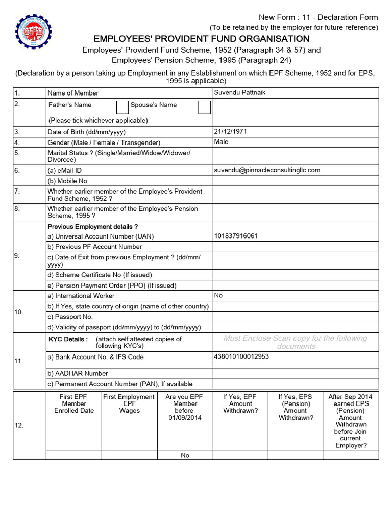 EPF Form 11 - Declaration Form | PDF | Social Security | Pension
