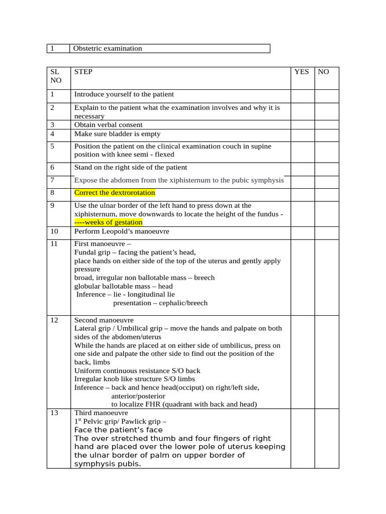 Obg NMC Skill Lab Check List | PDF | Childbirth | Sexual Anatomy