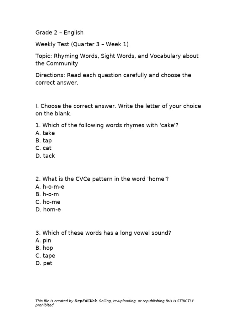 Grade2 English Weekly Test Q3W1 DepEdClick | PDF