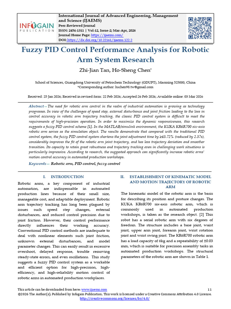 Fuzzy PID Control Performance Analysis for Robotic Arm System Research ...