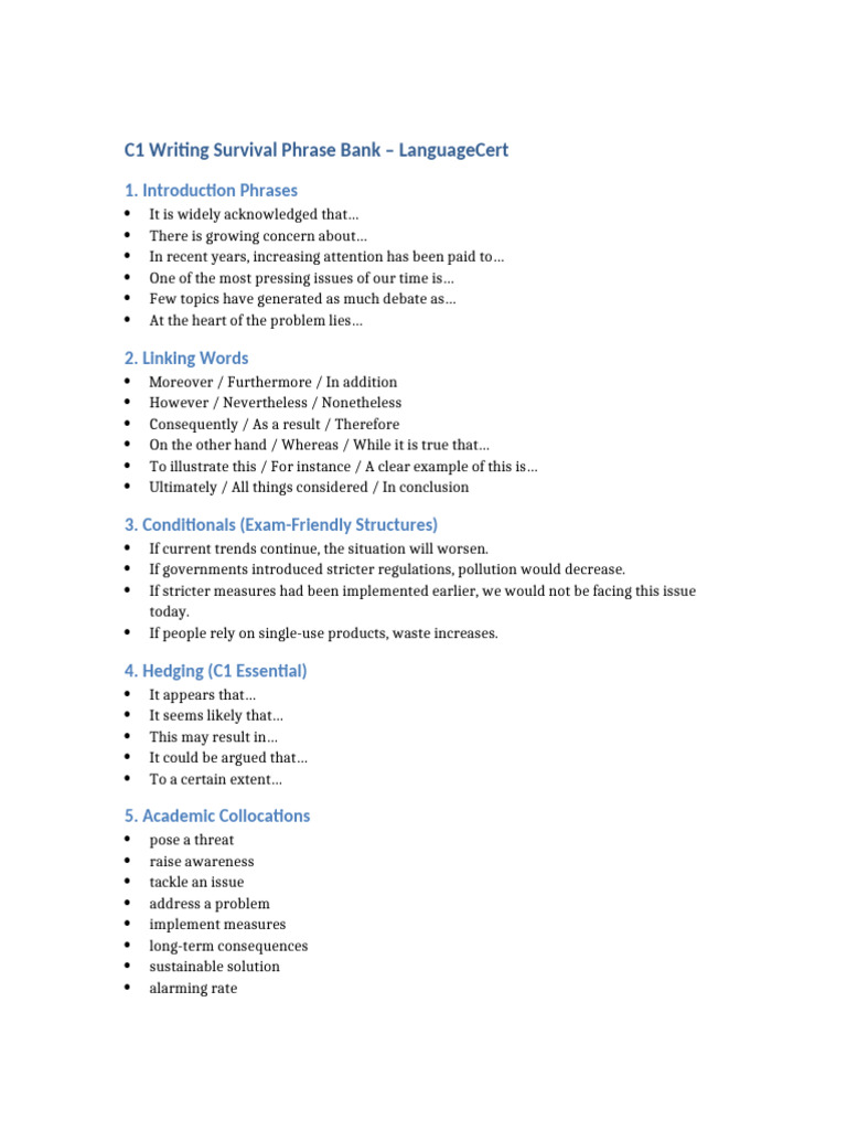 C1 Writing Survival Phrase Bank LanguageCert | PDF | Plastic | Recycling