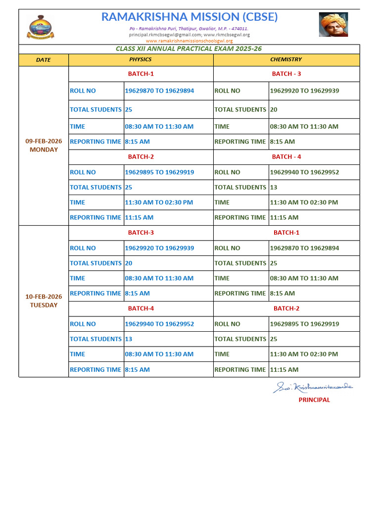 Batch Wise - Physics & Chemistry Board Practical Time Table 2025-26 ...
