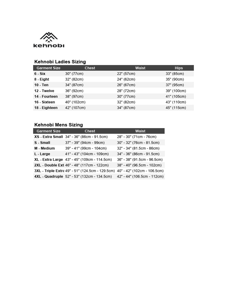 Kehnobi - Size Charts | PDF