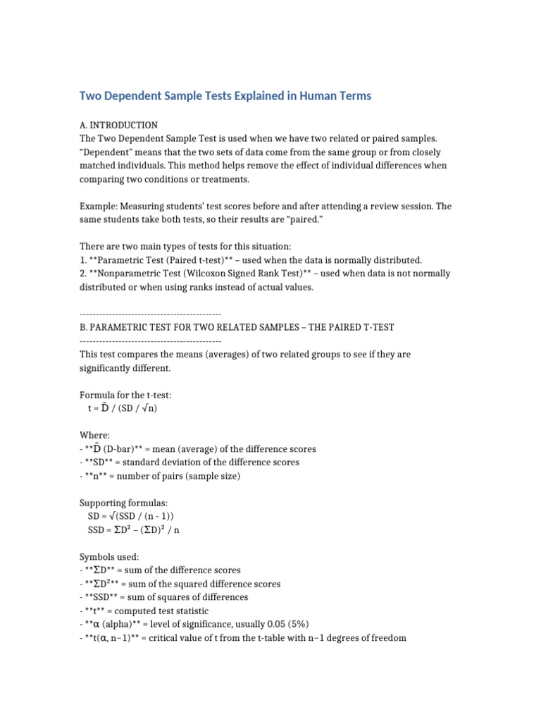 Two Dependent Sample Test Explained | PDF | Student's T Test | Standard ...