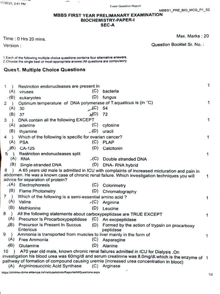 Biochemistry Paper 1 & 2 Preliminary Question Paper 2020 Batch | PDF ...