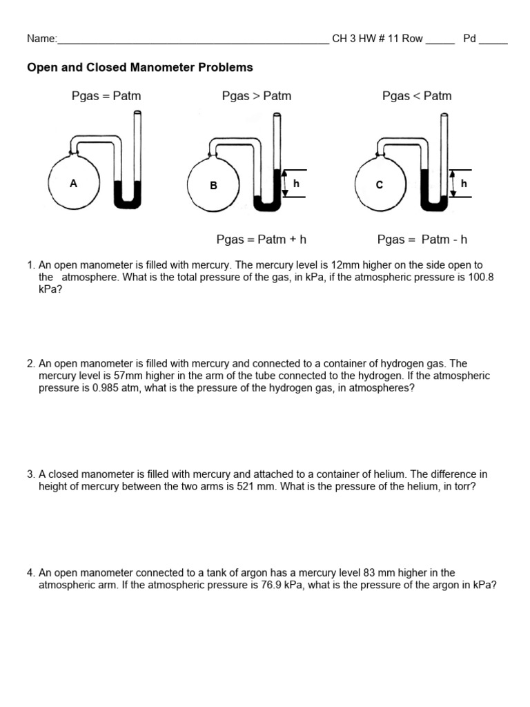 HW 11 Manometer Worksheet | PDF