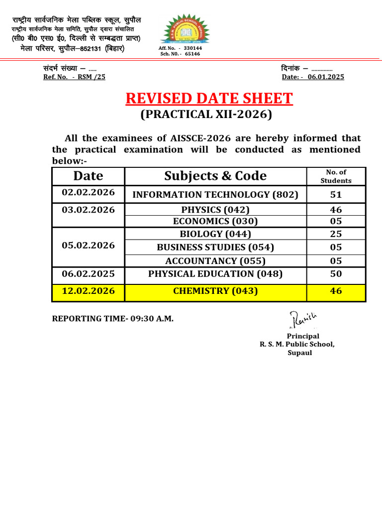 Revised Practical Date Sheet Xii 2026 by 06.01.2026 | PDF