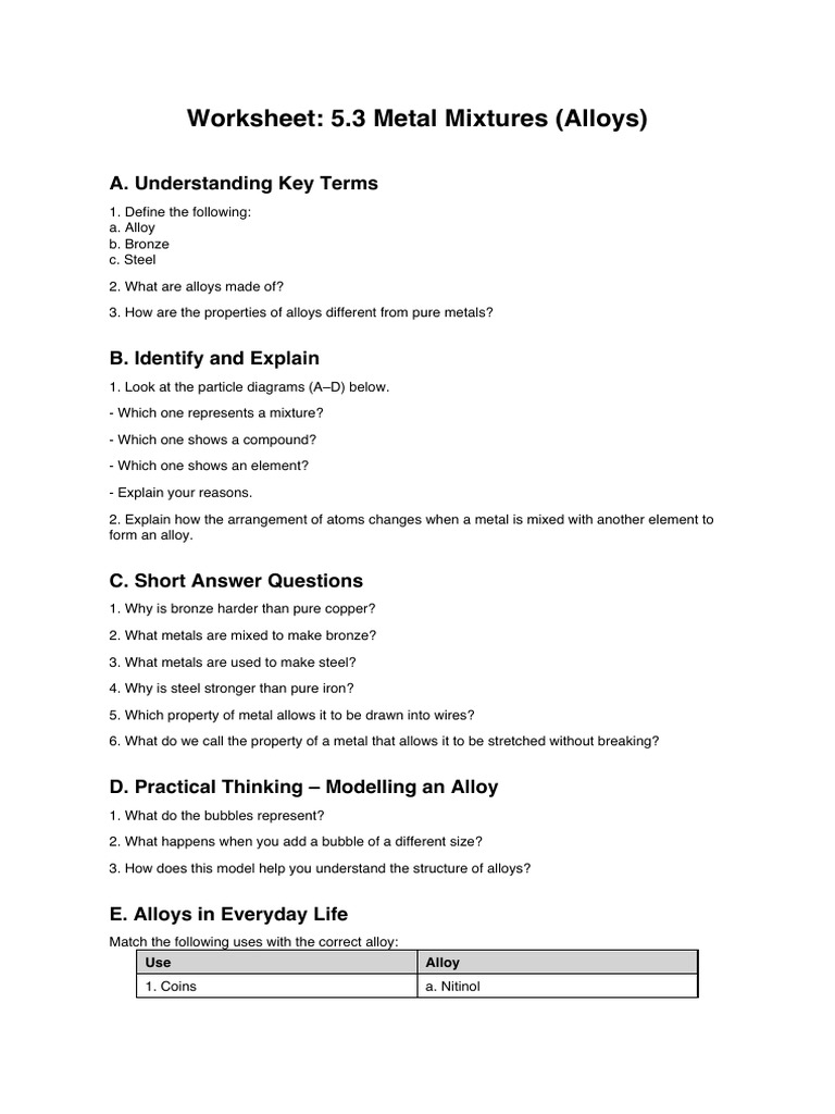 Metal Mixtures Worksheet | PDF