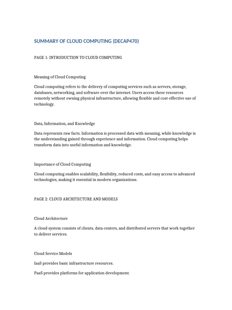 Cloud Computing Summary DECAP470 | PDF | Cloud Computing | Databases