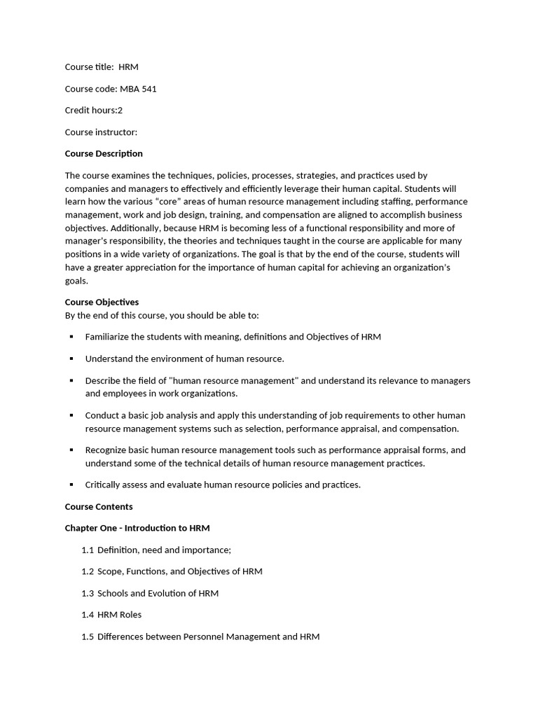Course Outline HRM For MBA Students at | PDF | Human Resource ...