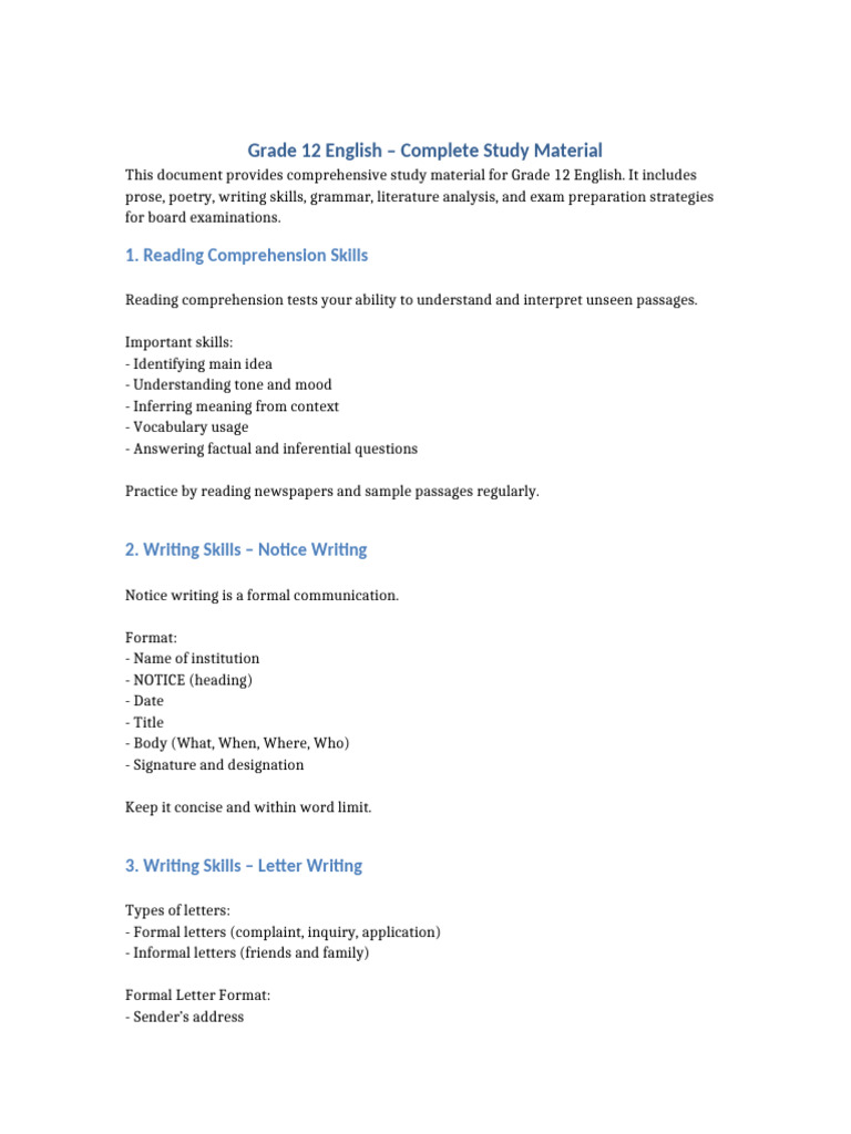 Grade 12 English Complete Notes | PDF | Reading Comprehension | Linguistics