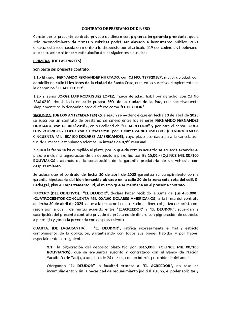 Contrato de Prestamo de Dinero | PDF | Deuda | Responsabilidad ...