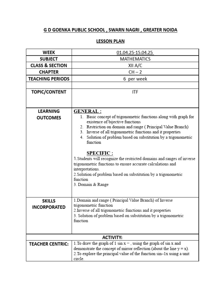 Lesson Plan 12th (15-30) | PDF | Trigonometric Functions | Function ...