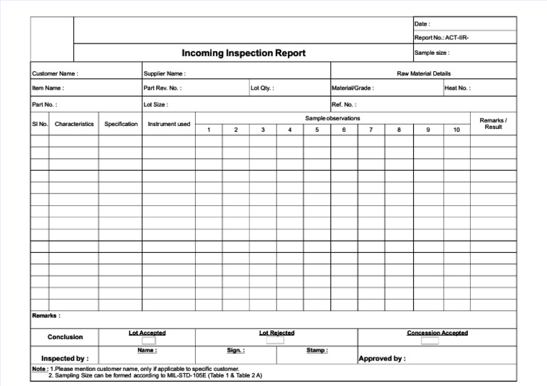 Incoming Inspection Report Incoming Inspection Report: Inspected By ...