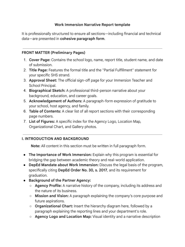 Work Immersion Narrative Report Template Guidance | PDF | Narrative