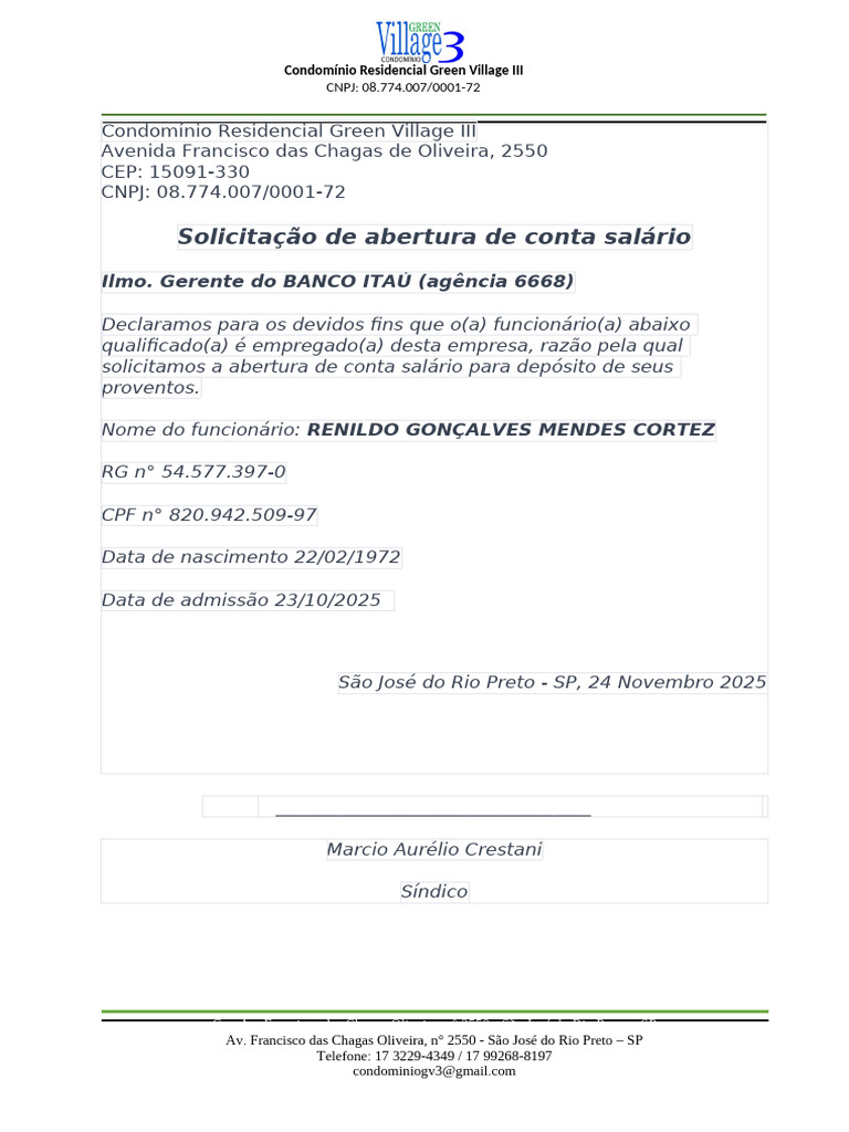 Carta Abertura de Conta | PDF