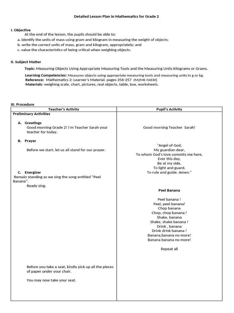 Detailed Lesson Plan in Math 2 For Demo (1) Final | PDF | Kilogram | Mass