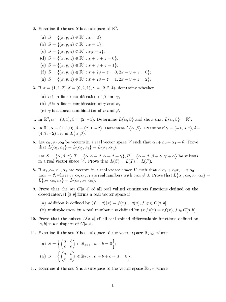 Assignments Vector Space | PDF | Linear Subspace | Matrix (Mathematics)