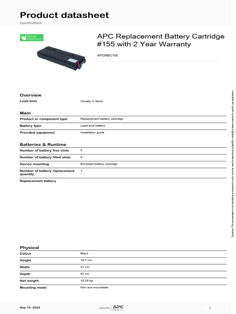 Replacement Battery Cartridges - APCRBC155 | PDF