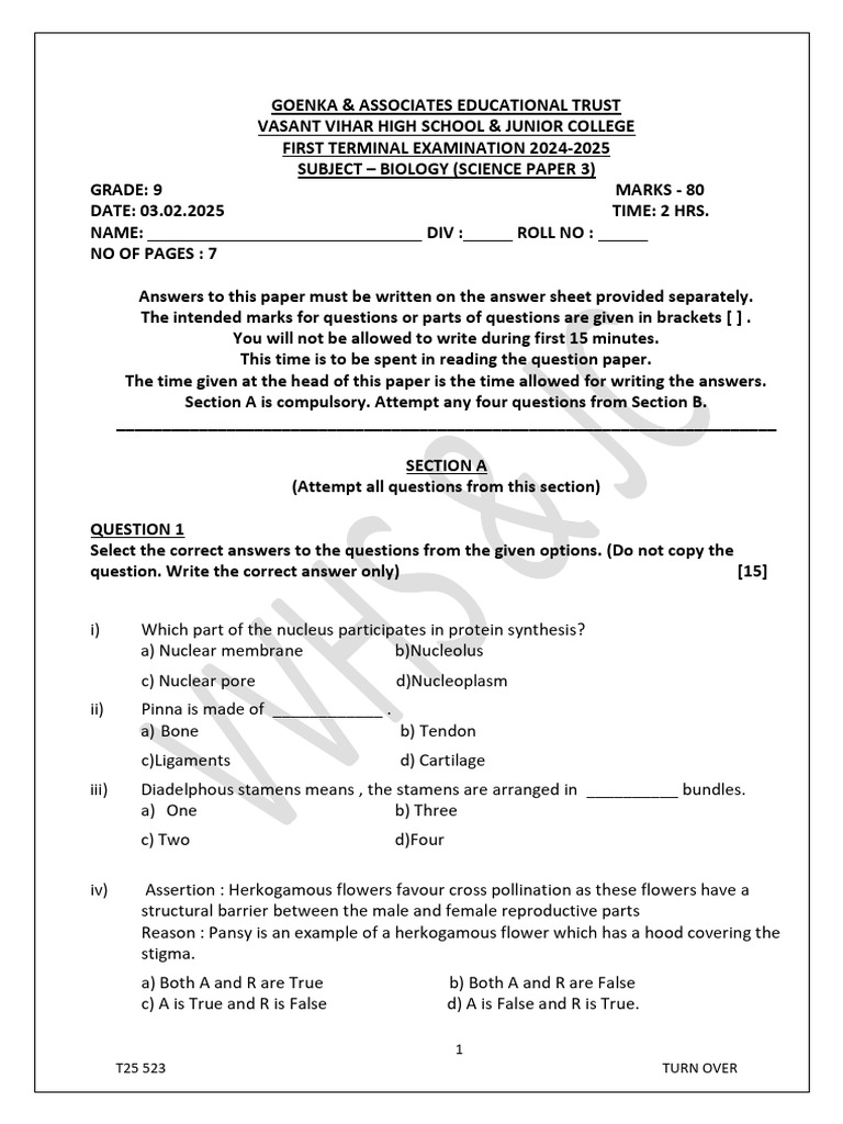 Grade 9 Term 2 Biology QP - 2024-25 | PDF | Mosquito | Epithelium