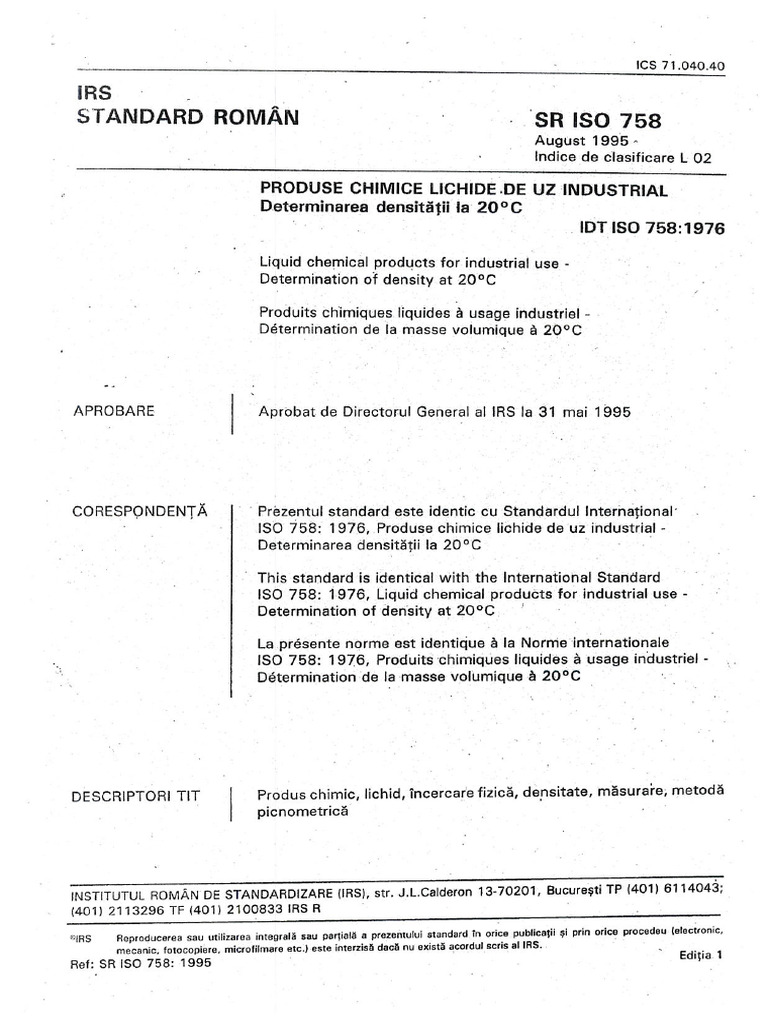 SR ISO 758 - Det Densitatii - 1995 | PDF