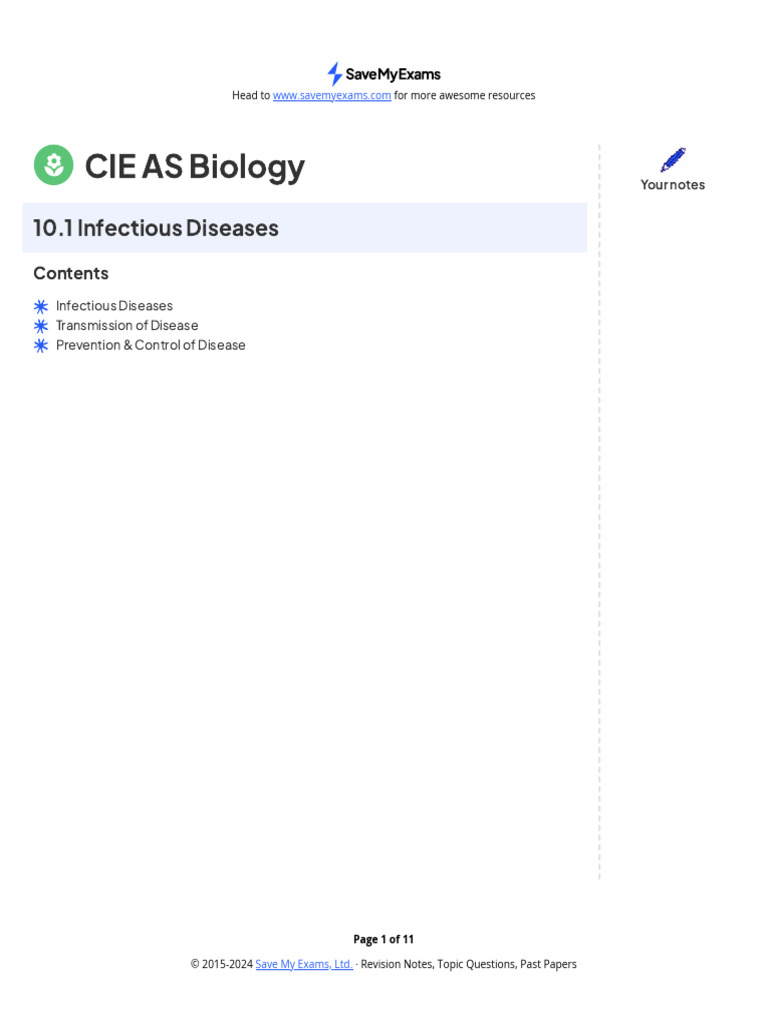 Savemyexams Notes C10.1 | PDF | Tuberculosis | Malaria