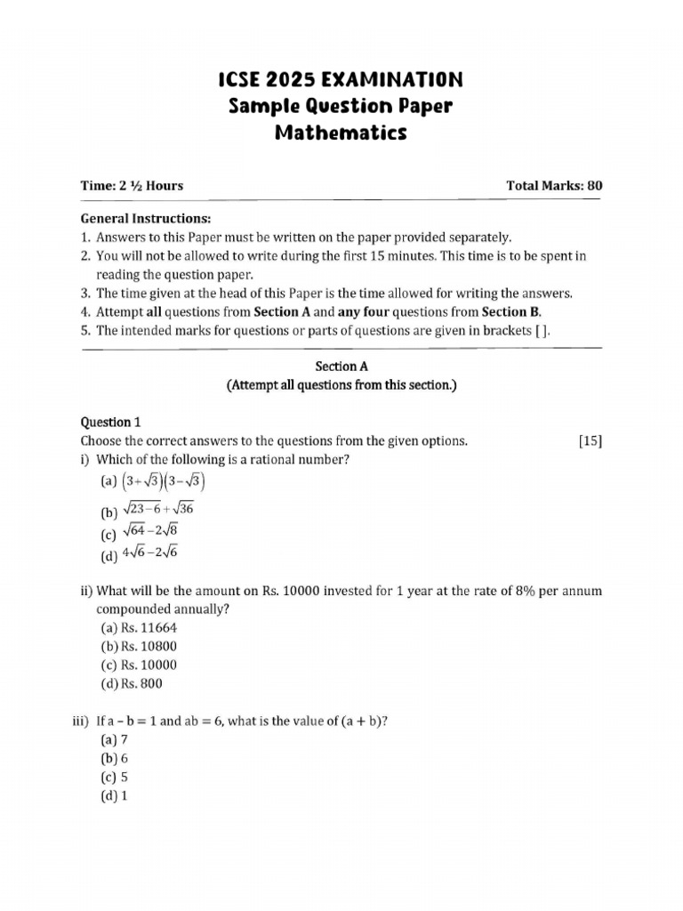 Mathematics 2025 Set 4 Sample Papers 9th ICSE | PDF