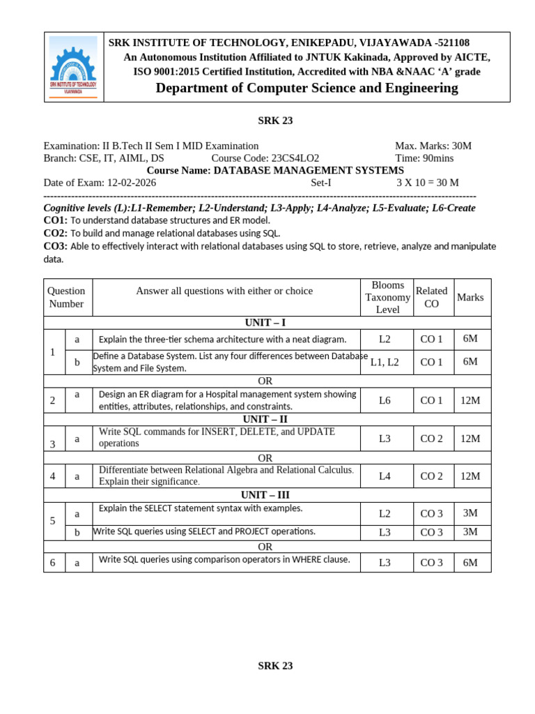 DBMS Mid 1 Question Paper | PDF | Databases | Sql