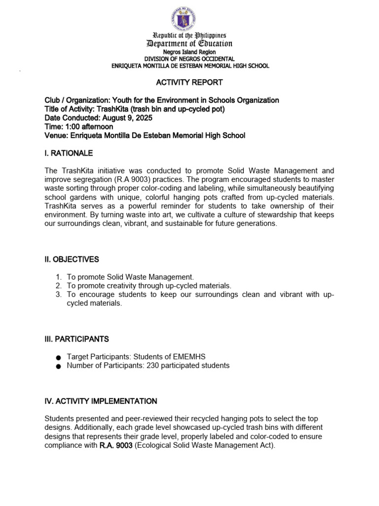 Activity and Accomplishment Report Template | PDF | Waste | Waste ...
