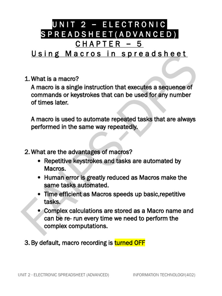 UNIT - 2 Chapter 5 - Using Macros in Spreadsheet | PDF | Macro ...