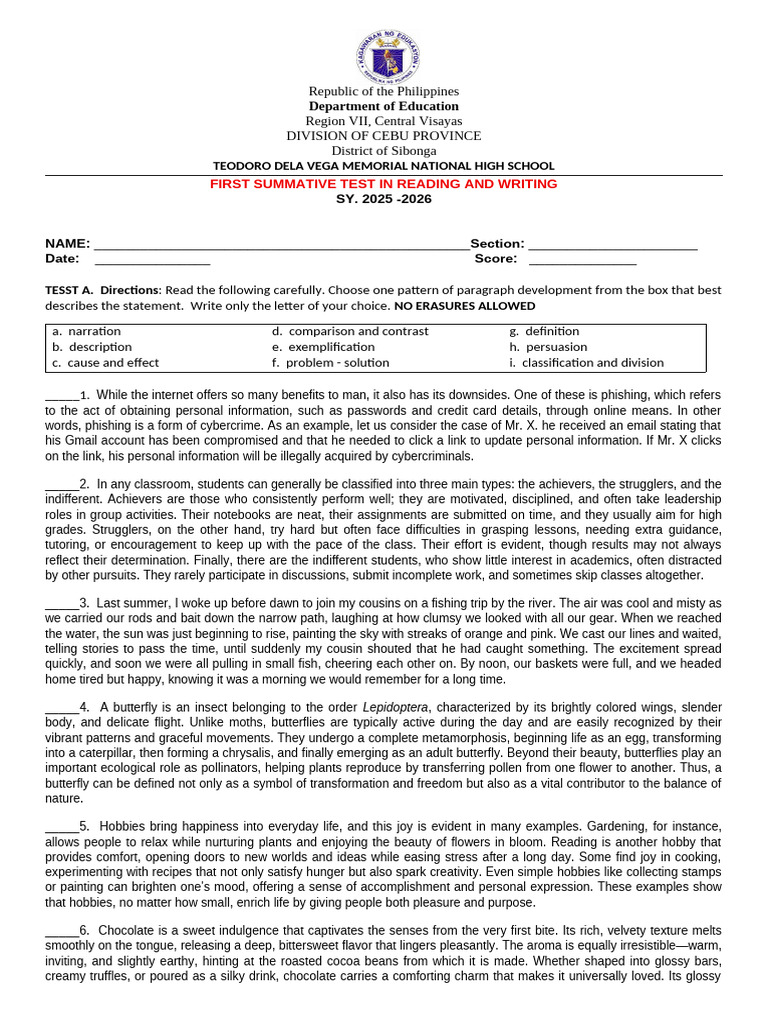 First Summative Test | PDF | Butterfly | Chocolate