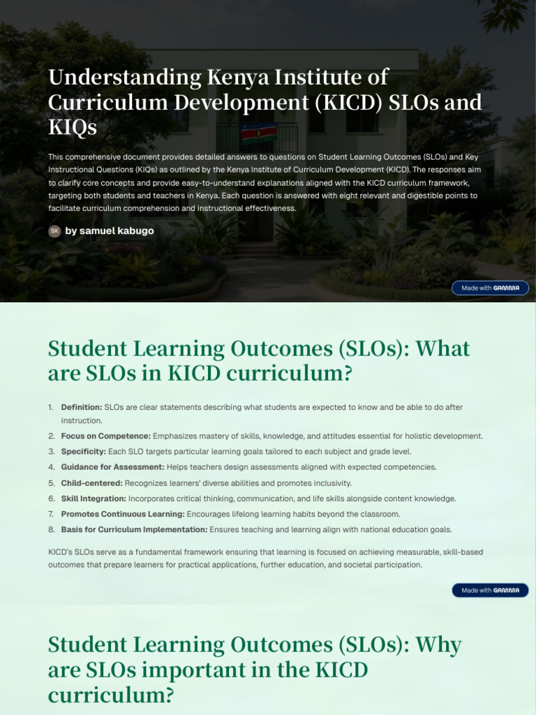 Understanding Kenya Institute of Curriculum Development KICD SLOs and ...