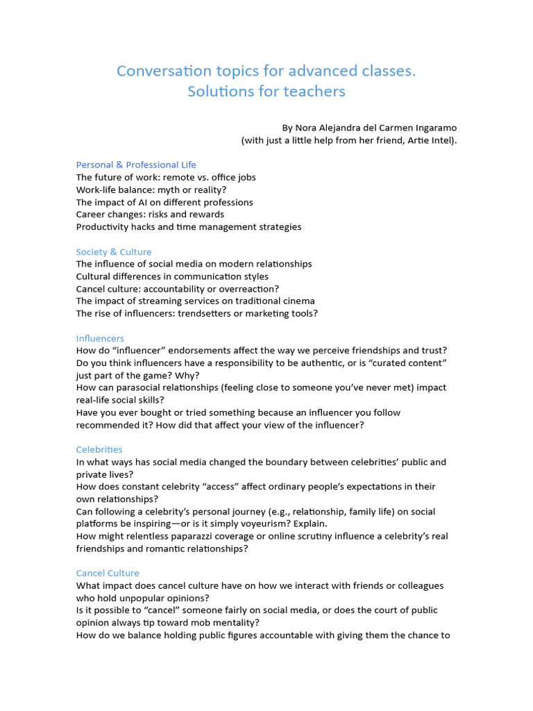 Conversation Topics For Advanced Classes | PDF | Habits | Outer Space