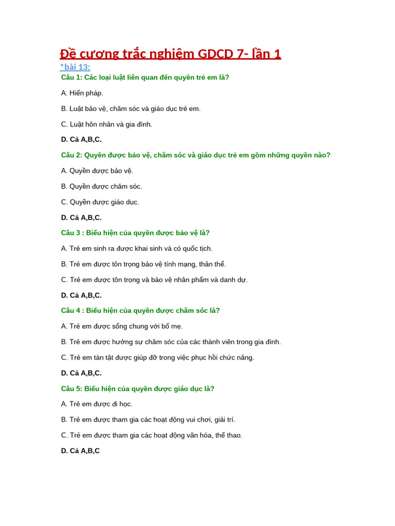 Đề cương trắc nghiệm GDCD 7 bản 1 | PDF